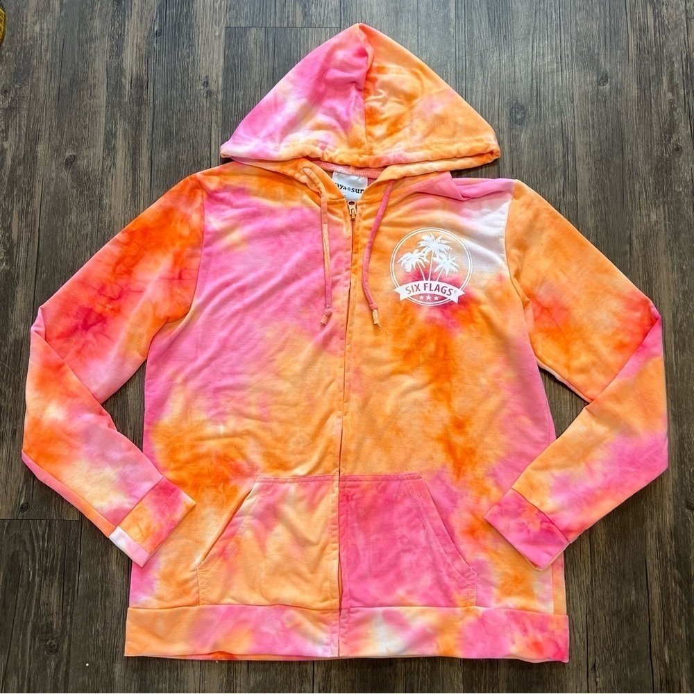 Girls Six Flags Tie Dye Orange Pink Hooded Drawstring Sweatshirt Size L